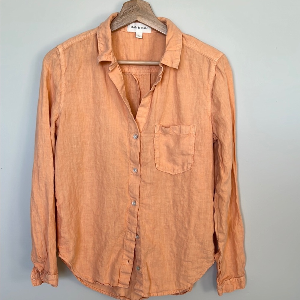 100% Linen Cloth & Stone Relaxed Fit Orange Button Down Shirt